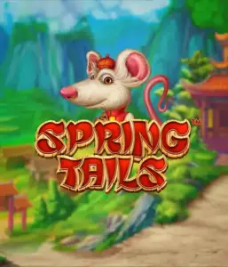 An enchanting illustration of a white rat wearing a red traditional Chinese outfit standing in a picturesque mountain backdrop. The image represents the Spring Tails game by Betsoft, showcased with striking gold and red logo text.