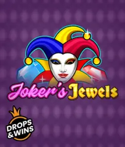 Enjoy the colorful charm of the Joker's Jewels game by Pragmatic Play, highlighting a mesmerizing joker's mask embellished with a vivid jester hat. This image evokes the light-hearted fun of casino gaming, set against a purple background. Perfect for those who love classic slot games, promising a entertaining adventure. 