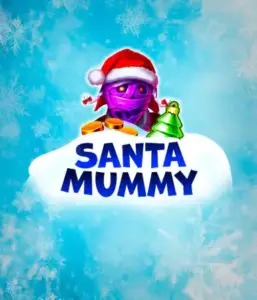  Experience the whimsical "Santa Mummy" slot game by Belatra, showcasing a Santa-clad mummy dressed in festive holiday attire. This colorful image portrays the mummy with a vivid purple hue, wearing a Santa hat, amid snowy blue and icy snowflakes. The game's title, "Santa Mummy," is boldly written in large, icy blue letters.