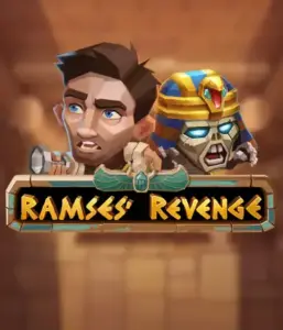 Explore the mysterious world of Ramses' Revenge slot by Relax Gaming, featuring a surprised explorer and a terrifying mummy against an Egyptian tomb backdrop. This graphic depicts the drama of ancient Egyptian myths, perfect for fans of Egyptian-themed slots, offering a gripping escape. 